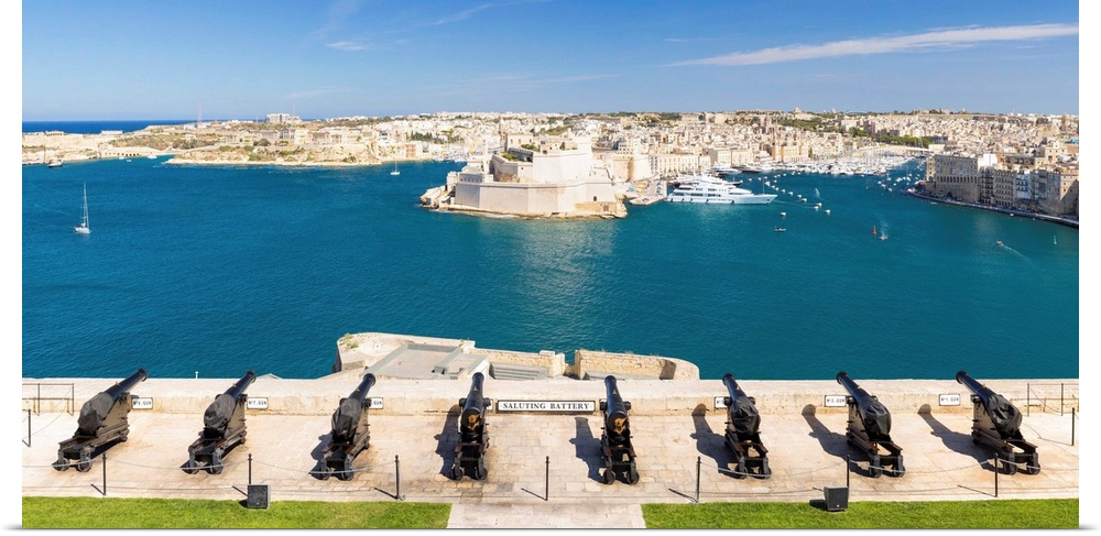 Malta, South Eastern Region, Valletta. The view across Grand Harbour to  the Three Cities from the Saluting Battery at Upp...