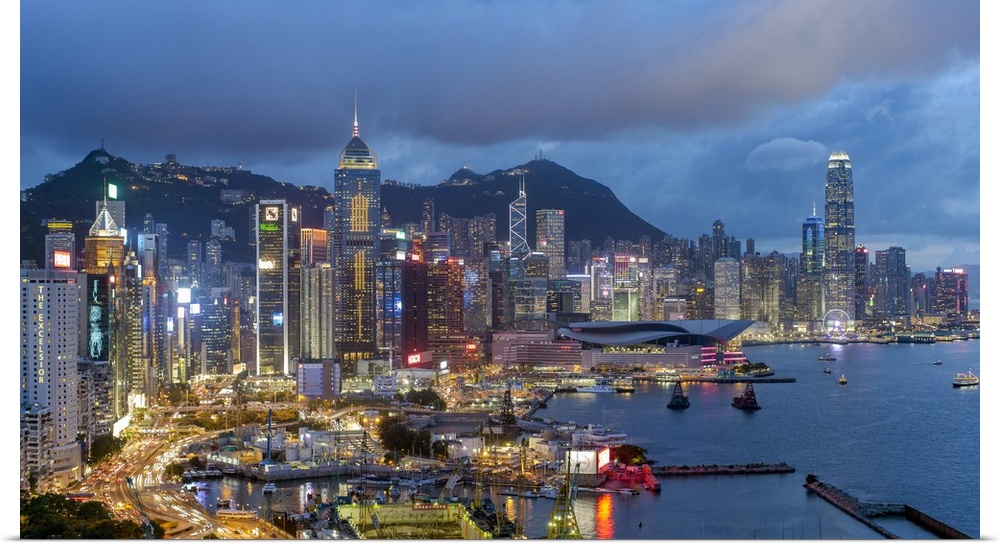 Elevated view, Harbour and Central district of Hong Kong Island and Victoria Peak, Hong Kong, China
