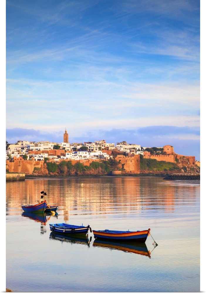 Harbour and Fishing Boats with Oudaia Kasbah and Coastline in Background, Rabat, Morocco, North Africa.
