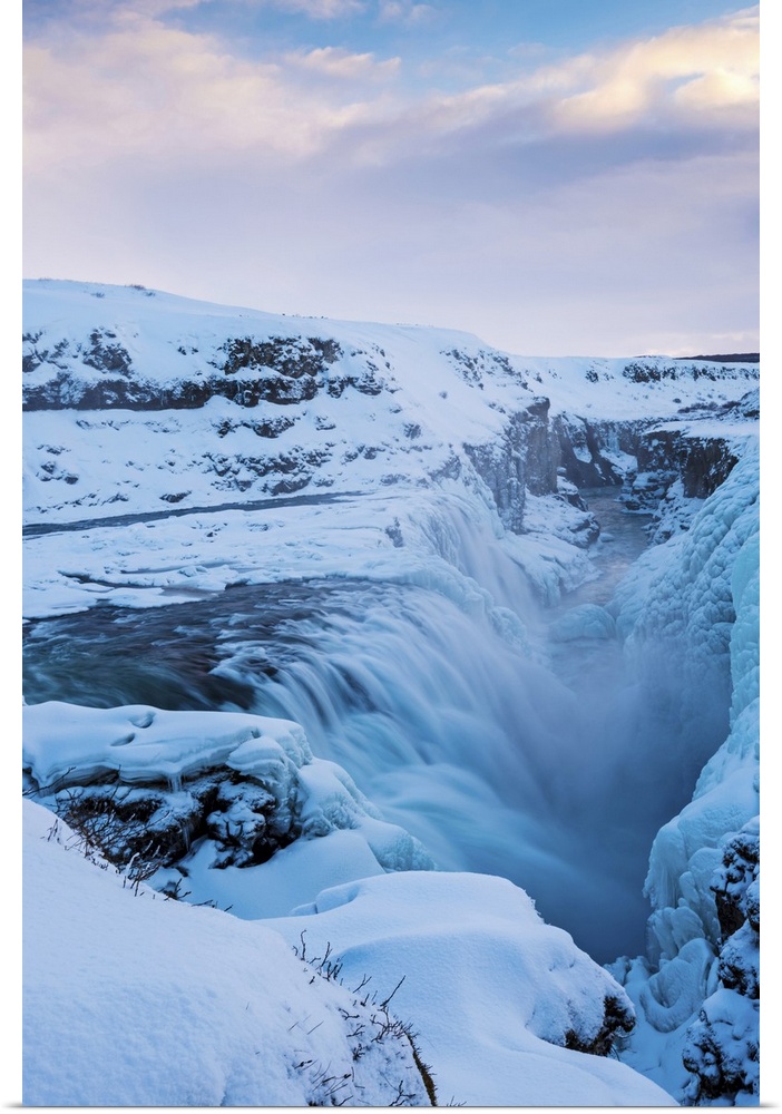 Iceland, Europe. Frozen Gullfoss waterfall in wintertime.