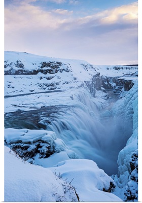Iceland, Frozen Gullfoss waterfall in wintertime