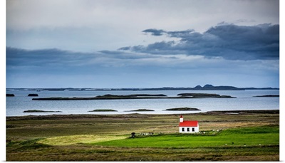 Iceland, Westfiords and lonely church in the green landscape