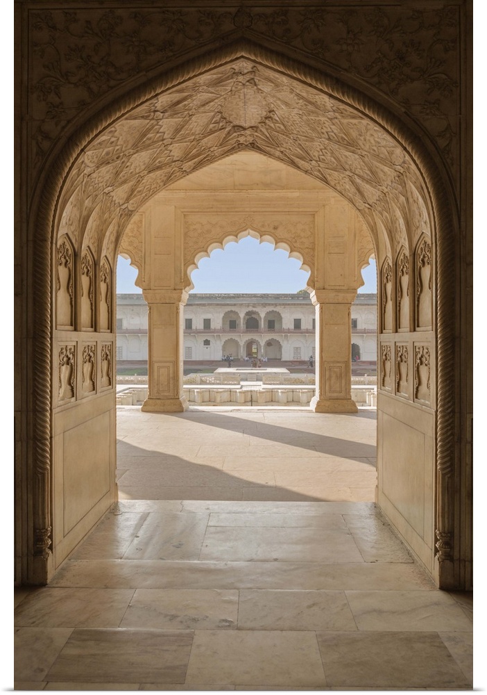 India, Uttar Pradesh, Agra, Agra Fort, view of the Anguri Bagh gardens from the interior of the Diwan-e-Khas (hall of priv...
