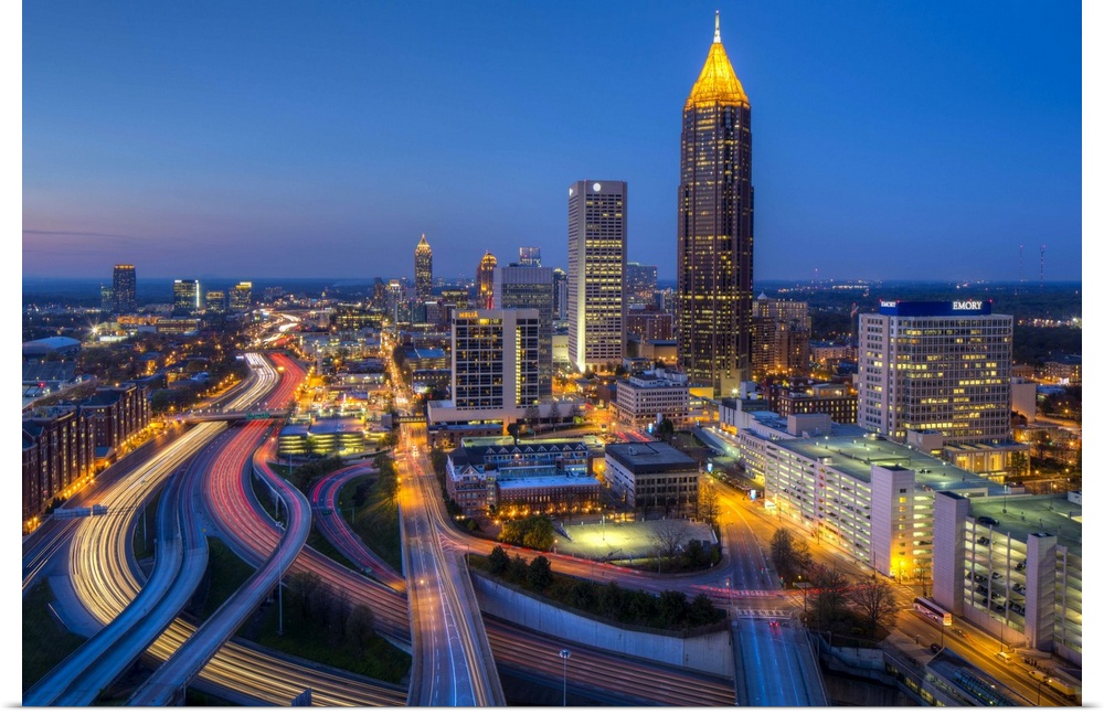 Elevated view over Interstate 85 passing the Midtown Atlanta skyline, Georgia, United States of America