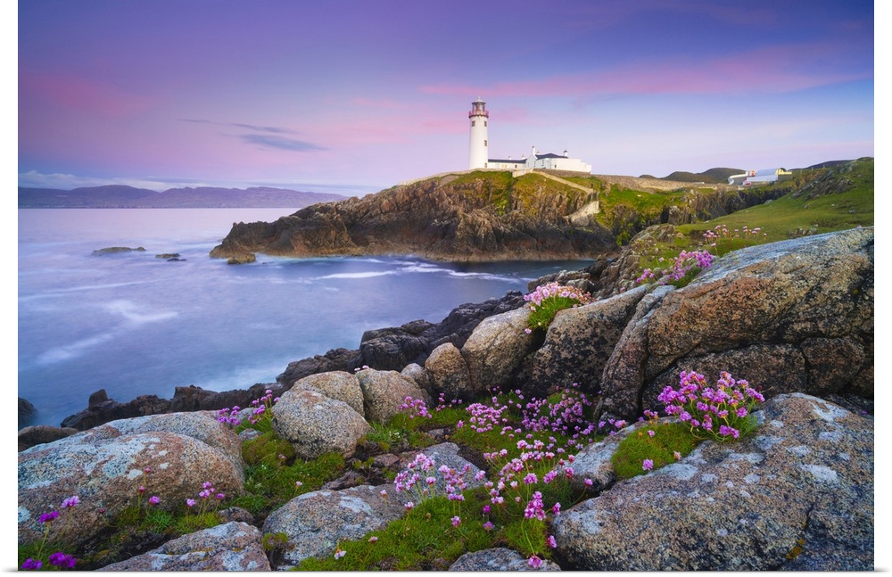 Ireland, Co. Donegal, Fanad, Fanad lighthouse with Sea thrift in foreground at dusk.