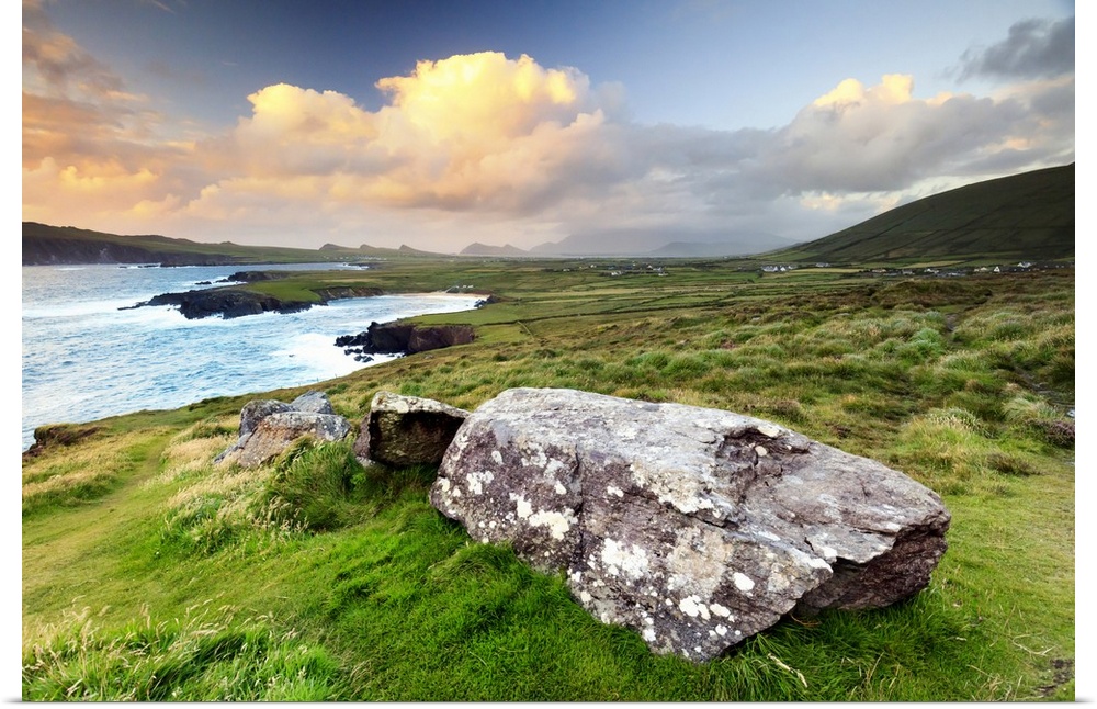 Europe, Ireland, sunset view over Ballyferriter Bay, Sybil Point and the peaks of the Three Sisters, Dingle Peninsula, Cou...