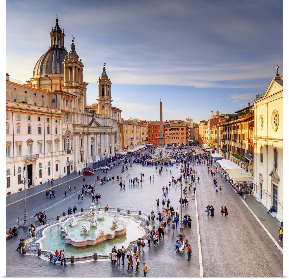 Italy, Rome, Navona square with Sant'Agnese in Agone church and 4 rivers fountain (Fontana dei Quattro Fiumi) elevated view