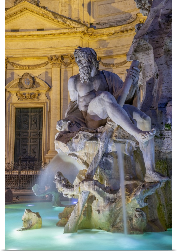 Italy, Lazio, Rome, Parione, Piazza Navona, Fontana dei Quattro Fiumi, Fountain of the Four Rivers, River God Ganges.