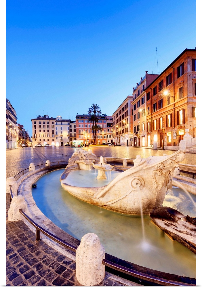 Italy, Rome, Spagna Square with Trinit dei Monti and Barcaccia fountain by night