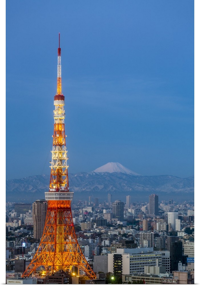 Japan, Tokyo, elevated night view of the city skyline and iconic illuminated Tokyo Tower