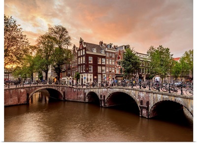Keizersgracht And Leliegrach Canals And Bridges At Sunset, Amsterdam, The Netherlands