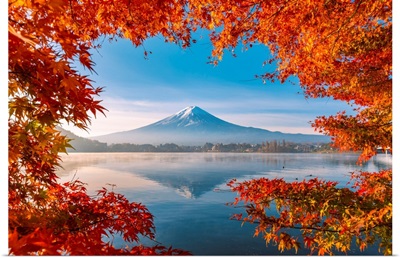 Lake Kawaguchi And Mt Fuji Framed By Maple Leaves, Autumn, Yamanashi Prefecture, Japan