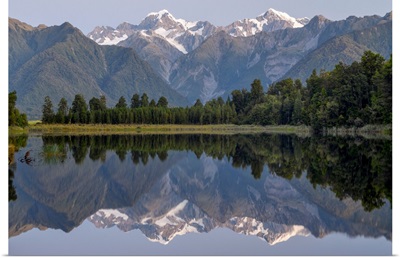 Lake Matheson With View To Mount Cook And Mount Tasman, South Island, New Zealand