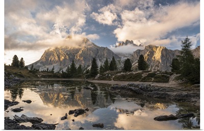 Limides Lake At Sunset With Lagazuoi On The Background, Belluno, Veneto, Italy