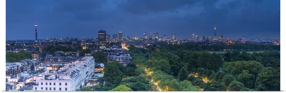 London skyline above Hyde Park, London, England, UK