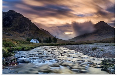Lone White Cottage By River Coupall, Glen Coe, Highlands, Scotland