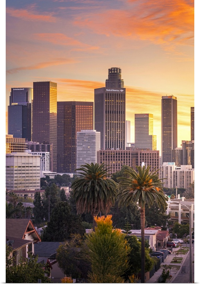 Los Angeles Downtown at sunset as seen from Figueroa district. Los Angeles, California, USA