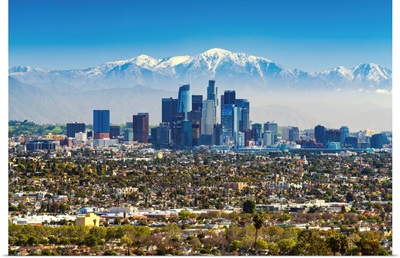 Los Angeles Skyline And Snow Capped San Gabriel Mountains, California, USA