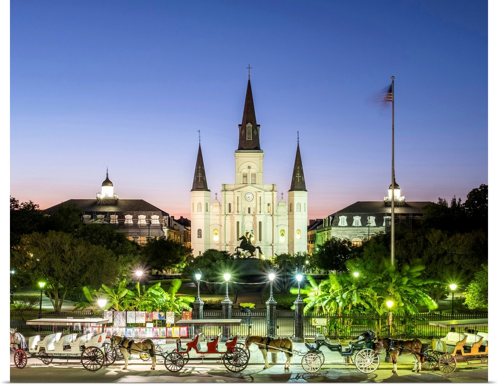 United States, Louisiana, New Orleans, French Quarter. Jackson Square and St. Louis Cathedral at dusk.