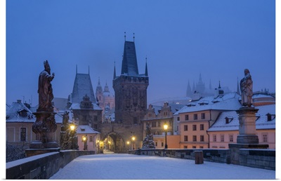 Mala Strana Bridge Tower At Twilight In Winter, Prague, Bohemia, Czech Republic