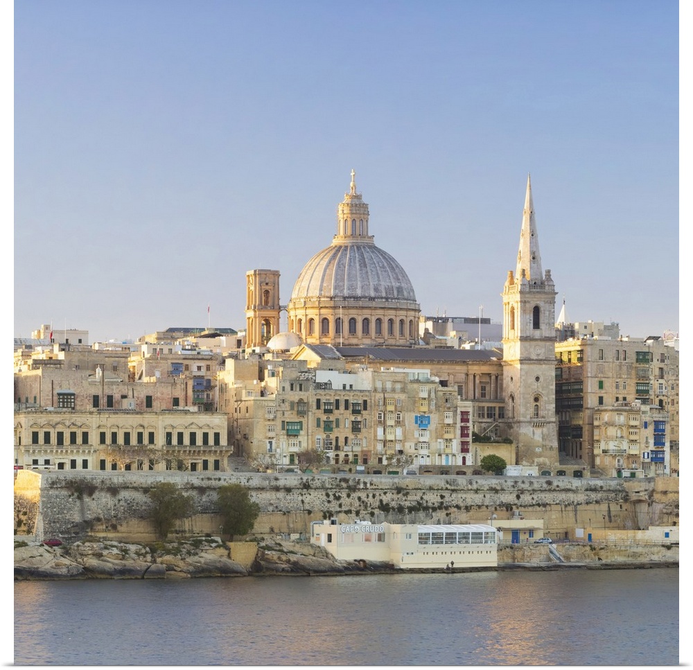 Malta, South Eastern Region, Valletta. The view from Sliema across Marsamxett Harbour to Valletta.