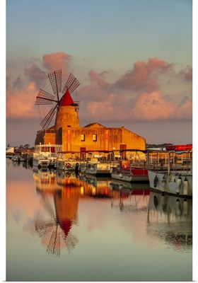 Marsala, Sicily, Windmills Reflecting At Sunrise In The Saltern