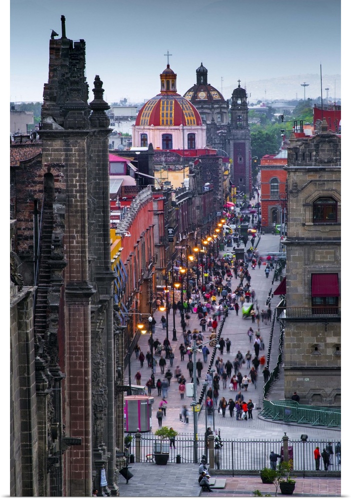 Mexico, Mexico City, Emiliano Zapata Street, Pedestrian Way, Dusk, Centro Historico, Red Dome of Iglesia de la Santisima T...