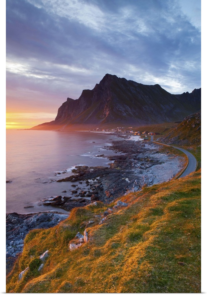 Mightnight Sun over Dramatic Coastal landscape, Vikten, Flakstadsoya, Lofoten, Nordland, Norway