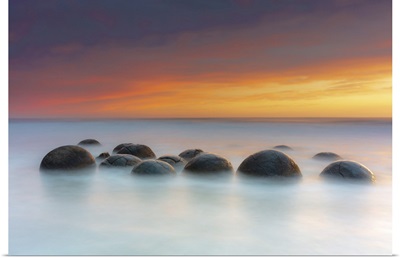 Moeraki Boulders Rock Formations By The Sea At Sunrise, Otago, New Zealand