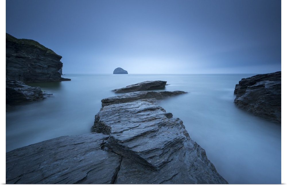 Moody overcast conditions at Trebarwith Strand in North Cornwall, England.