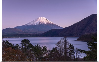 Mount Fuji And Lake Motosu At Dusk, Yamanashi Prefecture, Japan