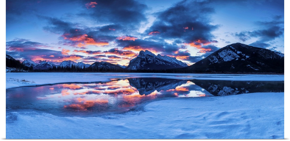 Mt. Rundle Reflecting In Vermillion Lakes At Sunrise, Banff National Park, Alberta, Canada