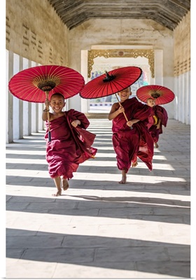 Myanmar, Mandalay division, Bagan. Three novice monks running with red umbrellas