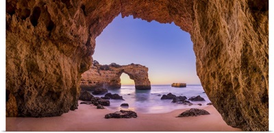 Natural Sea Arch Framed By Cave, Praia Da Albandeira, Algarve, Portugal