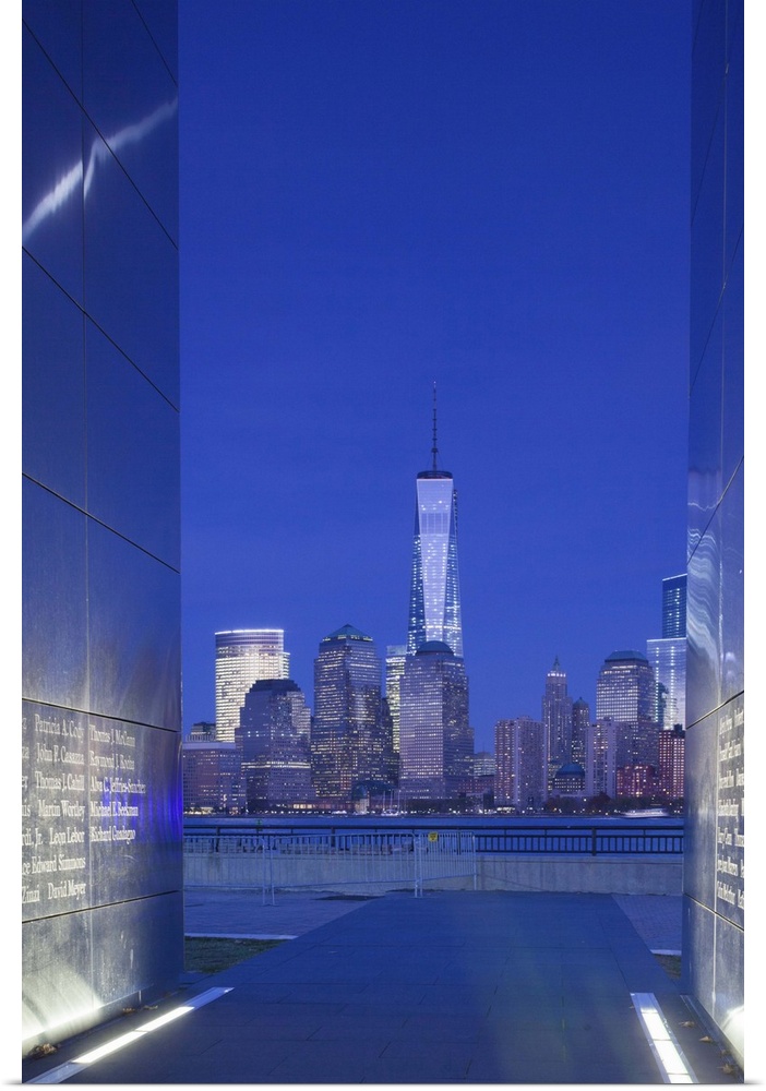 USA, New Jersey, Jersey City, Liberty State Park, view through 9/11 memorial, Empty Sky, dusk