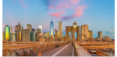 New York, Brooklyn Bridge and Lower Manhattan Skyline with Freedom Tower
