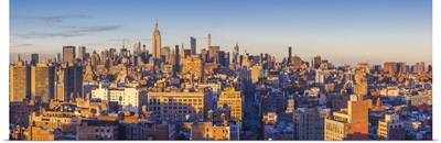 New York City, Lower Manhattan, Mid-town Manhattan skyline, elevated view, sunset