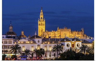 Night view of city skyline, Seville, Andalusia, Spain
