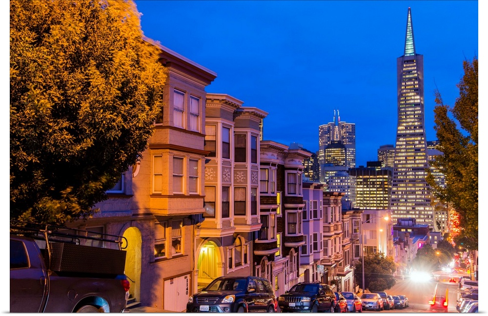 Night view of downtown skyline from North Beach district, San Francisco, California, USA