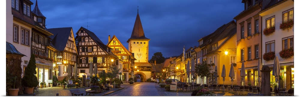 Oberturm Tower in Gengenbach's picturesque Altstad (Old Town) illuminated at dusk, Gengenbach, Kinzigtal Valley, Black For...