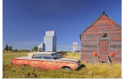 Old Car, Grain Elevator And Sheds, Darcy, Saskatchewan, Canada