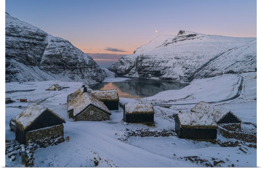 Old farm in Saksun covered by snow, Streymoy, Faroe Islands