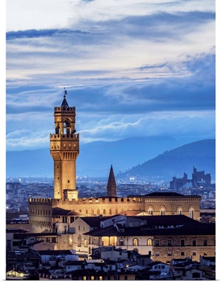 Palazzo Vecchio At Dusk, Elevated View, Florence, Tuscany, Italy