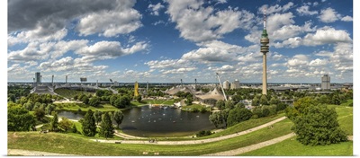 Panoramic view over the Olympic stadium and the Olympic tower, Munich, Bavaria, Germany