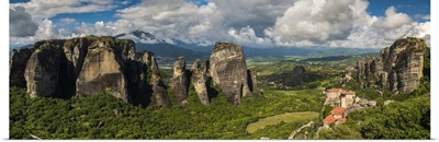 Panoramic view over the spectacular massive rocky pinnacles of Meteora, Thessaly, Greece