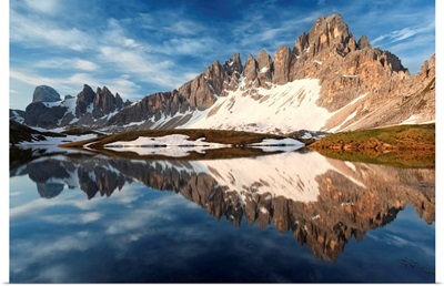 Paterno mount and Crode of Piani reflected in the Piani Lake, Dolomites, Veneto, Italy