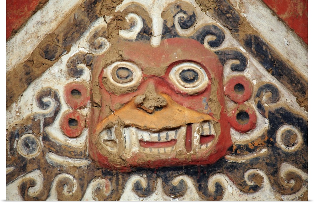South America, Peru, La Libertad, Trujillo, detail of a mural on the Moche Temple of the Moon showing the decapitator god ...