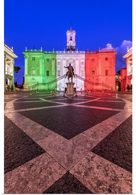 Piazza Del Campidoglio Illuminated With The Colors Of The Italian Flag, Rome, Italy