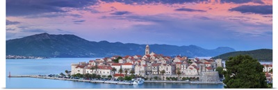 Picturesque Korcula Town illuminated at sunset, Korcula, Dalmatia, Croatia