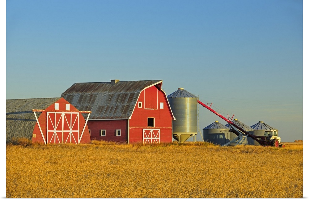 Red Barn, Grain Bins And Auger At Sunrise Near Moose Jaw, Saskatchewan, Canada